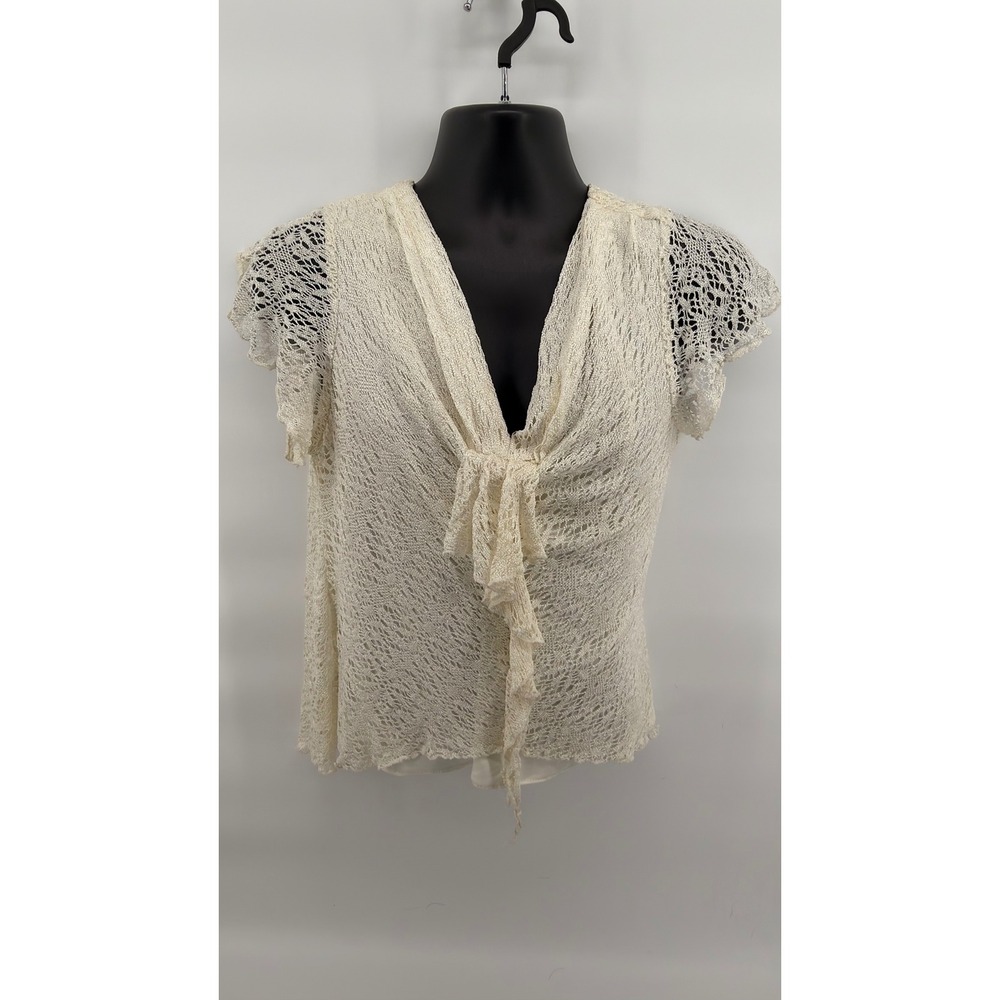 Vintage 90s Y2K MSK Metallic Shimmer Lace Top Ruffle Front Cream Gold XL
